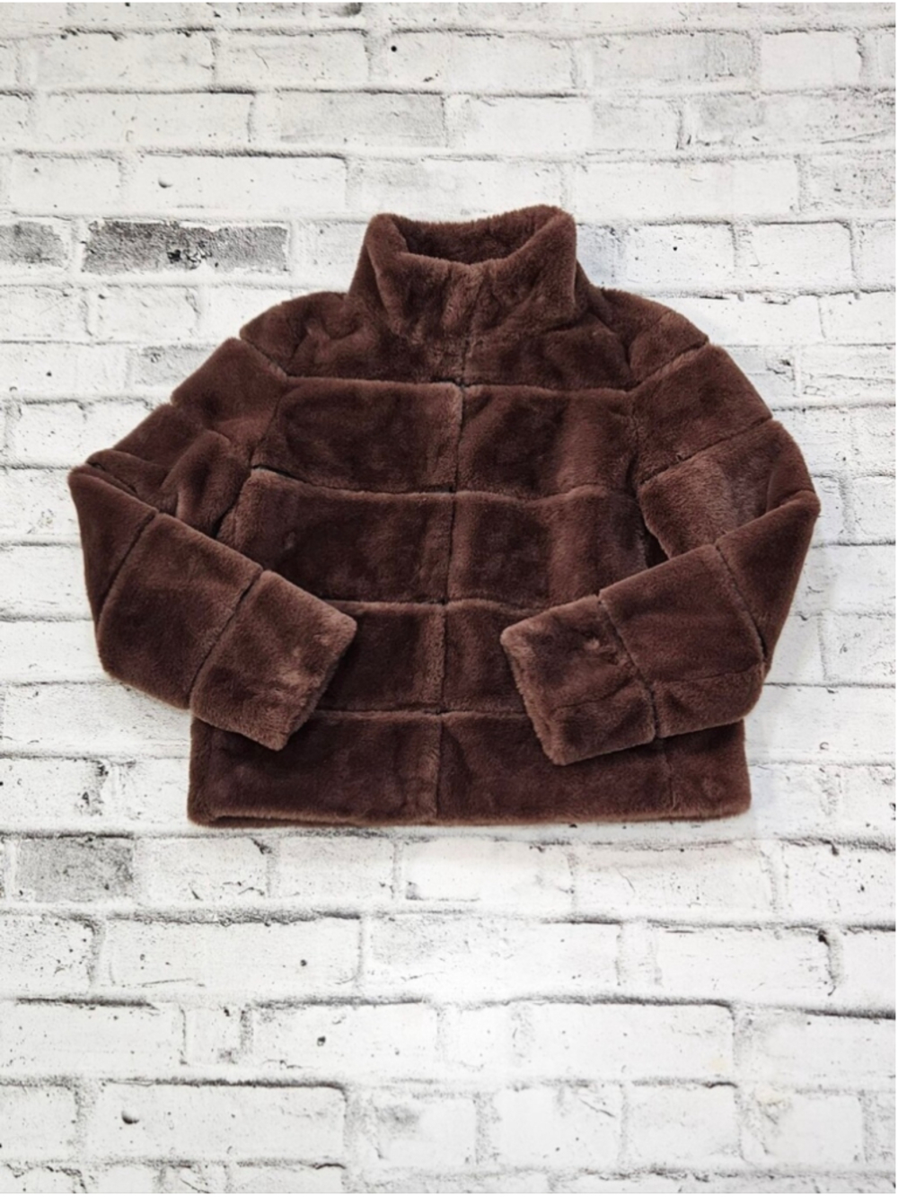 Karl Lagerfeld Paris Brown Faux Fur Jacket Womens Small High Collar